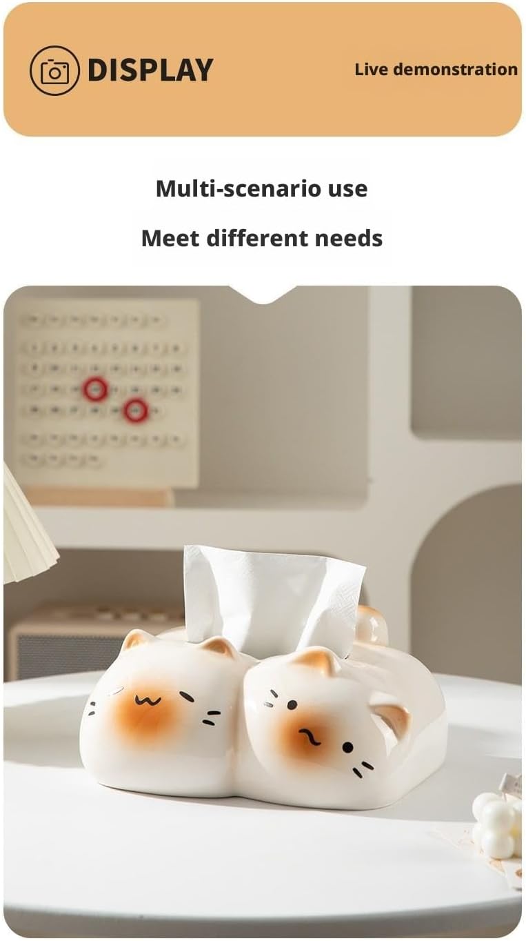 Couple Cat Creative Ceramic Tissue Box, INS Style Light Luxury High-End Napkin Holder for Living Room Desktop,Large Caliber Design Smooth Pull, Home Decor Ornament，2colors (A)