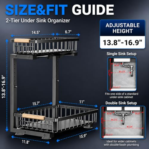 Image of Under Sink Organizer 2 Pack, Double Slide Out Metal Shelf, Black
