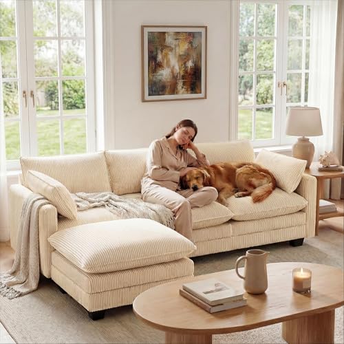 Image of Gizoon 110'' Oversized L Shaped Couch for Living Room, Cloud Couches with Washable Corduroy Cover, Modern 4-Seater Comfy Deep-Seat Sofa with Movable Ottoman and 2 Throw Pillows for Apartment, Beige
