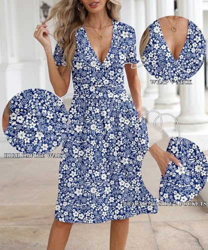 Image of NILOUFO Women's Summer Short Sleeve Casual Dress Wrap V Neck Party Midi Dresses with Pockets