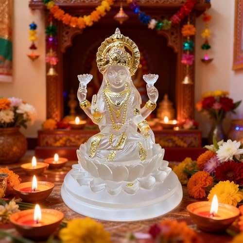 Estatua de Diosa Lakshmi 4.3 in Resina Blanca y Dorada