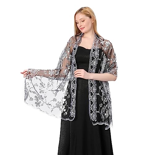 Sparkly Shawls and Wraps for Evening Dresses, Women's 1920s Sequin Floral Sheer Mesh Deco Wedding Party - Main Image