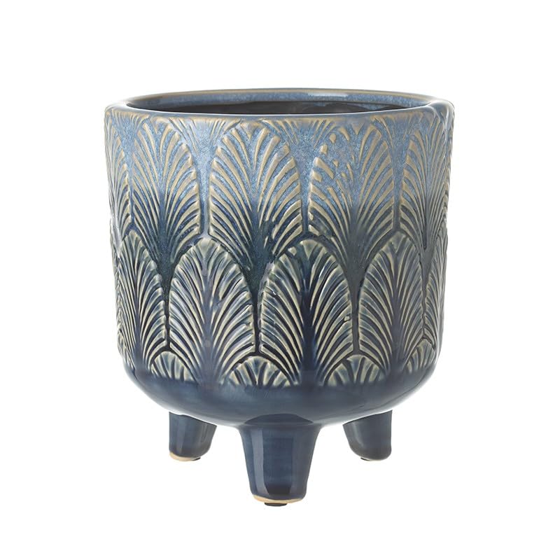 Blue Plant Pot with Feet, Plant Pot Stand, Dark Blue Leaf Pattern Pot With Legs, Tripod Planter, Glazed Plant Pot, Cauldron Pot, Geometric Plant Pot with Tripod Feet, Indoor Houseplant Stand