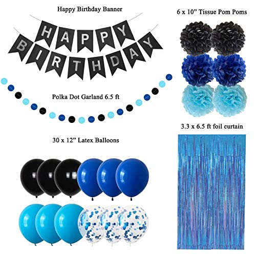 ANSOMO Blue and Black Happy Birthday Party Decorations for Boys Men Banner Balloons Navy Royal Light Blue Pom Poms Foil Curtain Décor Supplies 13th 16th 18th 20th 30th 40th 50th 60th 70th 80th - Image 3