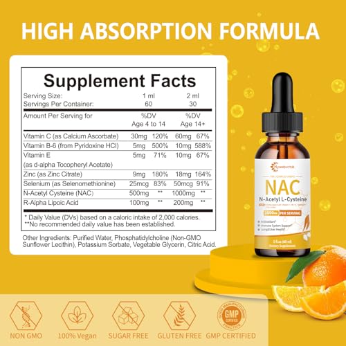 Image of Liquid NAC Drops 1000 MG, NAC Supplement N-Acetyl Cysteine with R-Alpha Lipoic Acid,NAC for Kids & Adults, Immune & Antioxidant Support, Liver & Lung Health, Orange Flavor, 0 Sugar, 2FL OZ