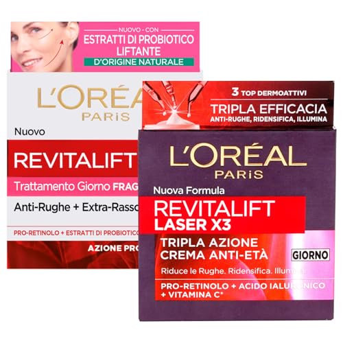 L'Oréal Paris Revitalift Fragrance Free Crema facial antiarrugas con probiótico y Pro-Retinol efecto lifting 50 ml + Crema de día láser X3 antiedad reafirmante ácido hialurónico y vitamina C 50 ml – 2