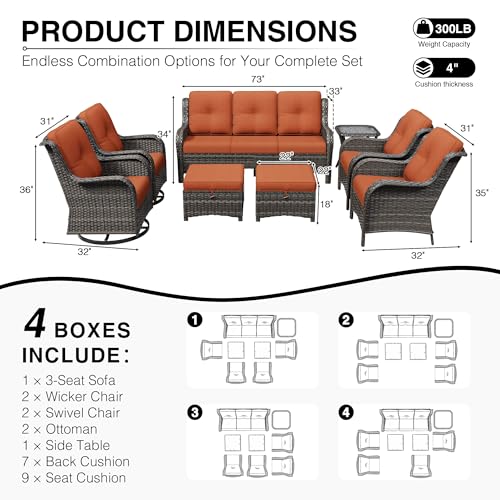 Image of Joyside 8 Piece Wicker Patio Furniture Set, Outdoor Swivel Rocker Patio Chairs with High Back, Deep Seating, Wide Armrest, Thickened Cushions, Outdoor Furniture for Deck, Porch Use