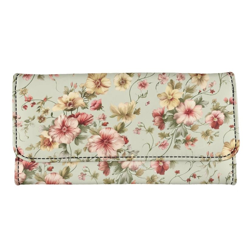 Vintage Floral Large Long Slim Wallets for Women, Retro Countryside Style Flowers Card Holder Ladies Tri-fold Clutch Zipper Pocket with ID Card Transparent Slot3