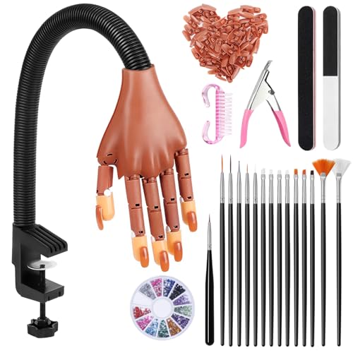 Deciniee Main d'Entrainement Manucure-Main Entrainement Ongles Flexible Avec 100 Morceaux d'Ongles/15 Nagel Pinsel/Fichier Ongle/Ongles Strass - Doigts...