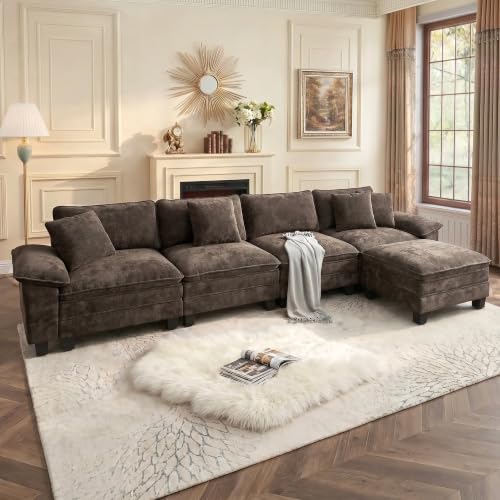 Image of PHI VILLA Oversized 5-Seat Modular Sectional Sofa L Shaped | Chenille Grayish Brown, Wider Armrest, Comfy Deep Seat, Solid Wood Frame, Oversized Modern Cloud Couches for Living Room