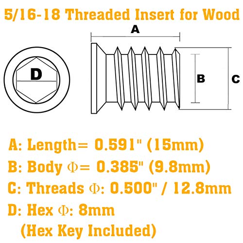 Image of 5 /16-18 Threaded Inserts for Wood 15mm Length Furniture Screw in Threaded Insert Nuts 40 Pieces
