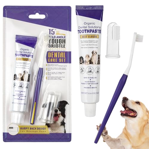 Spazzolino e Dentifricio per Cani(Dentifricio al Gusto di Manzo 70g+Setole Morbide+Spazzolino da Dito),Kit Pulizia Denti Cane,per Una Pulizia,Anti-Placca e Anti-Tartaro