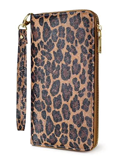 Yarnic Leopard Wallet for Women with Credit Card Holder Money Pockets Wristlet Band Wallets Case Coin Money Clip Woman Purse with RFID Blocking Large Capacity with Zipper