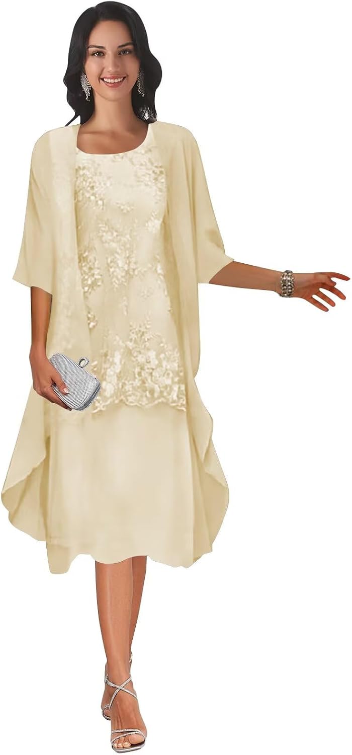 Women's 2 Pieces Chiffon Mother of The Bride Dresses for Wedding Tea Length Lace Formal Dress with Jacket