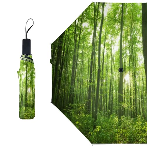 ducanll Ombrello compatto da viaggio, anti-UV, con 8 costole, resistente al vento, pieghevole, per uomini, donne e famiglia, Modelli di foresta di boschi, Manual