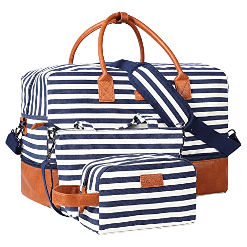 Oflamn Weekender Overnight Bag for Women with Shoe Compartment, Travel Duffle Bag Set with Hand Tote Bag & Toiletry Bag (Blue Stripes)
