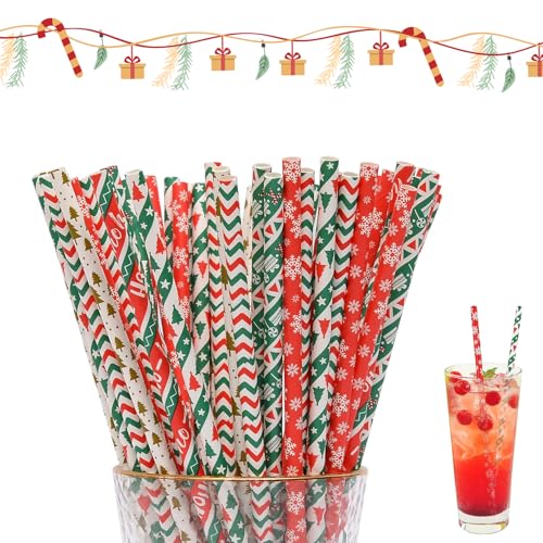 50 Stück Weihnachten Papierstrohhalme, Strohhalm Weihnachten, 5 Stile Gestreifte Weihnachtsbaum Schneeflocke Strohhalme, Weihnachts Strohhalme Papier für Bar Party Geburtstag Hochzeit
