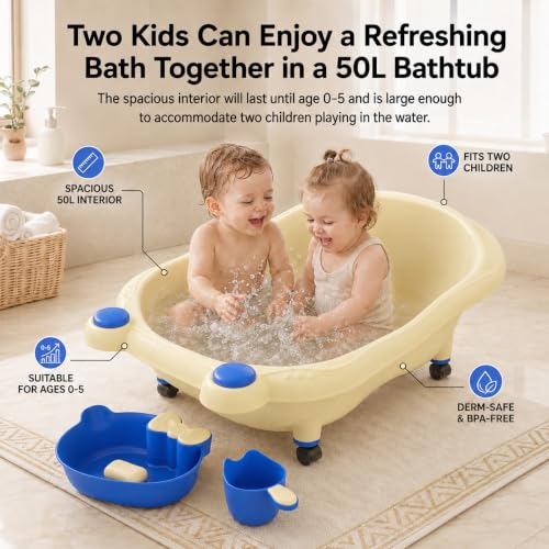 Image of StarAndDaisy AquaNest Baby Bath Tub for Newborn to 5 Years with Ergonomic Baby Bather Seat, 360 Wheels, Bathing Tray & Mug, BPA-Free Kids Bathtub with Drain Plug & Rolling Base