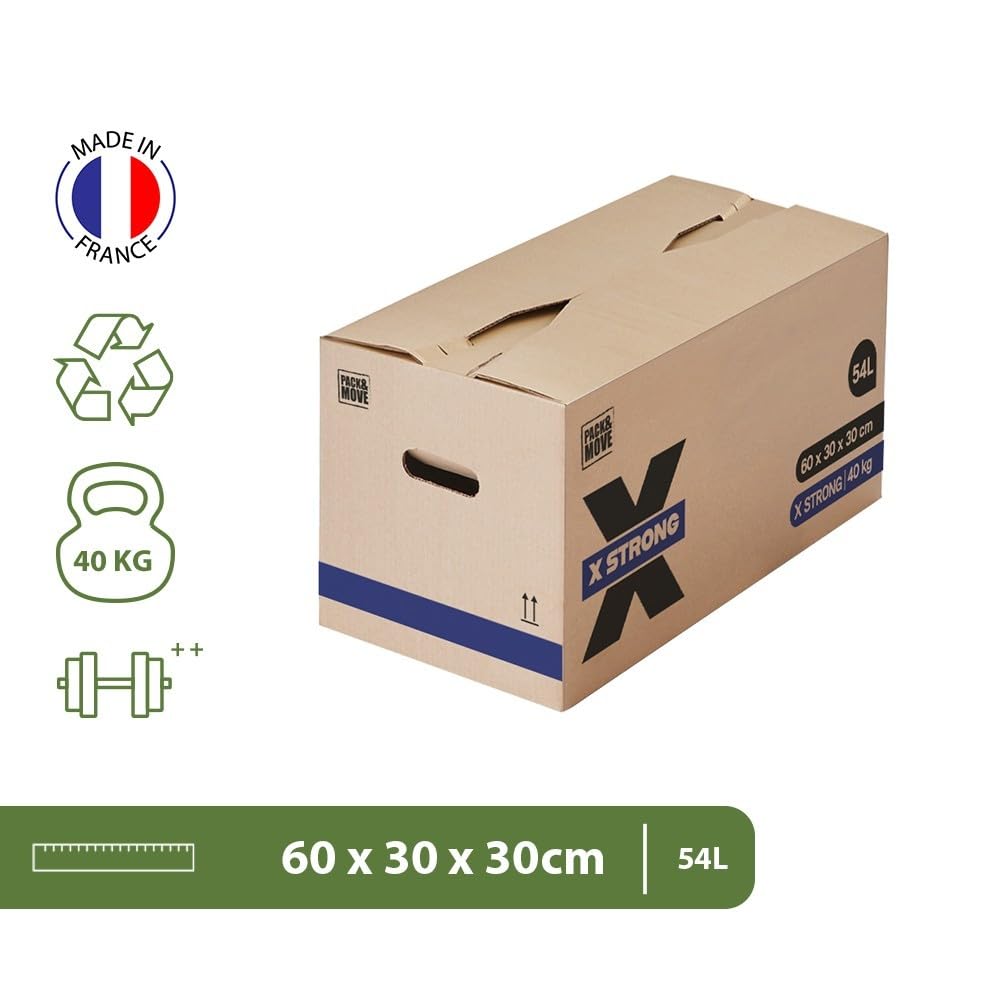 Pack and Move - Zestaw 20 kartonów do przeprowadzki X Strong - 60 x 30 x 30 cm - Obciążenie 40 kg - Ekstremalna wytrzymałość - Duża pojemność