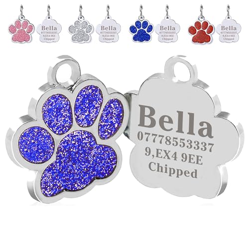 Personalised Cat Tags | Dog Tags for Pets Engraved UK | Pet ID Tags for Dogs & Cats | Glitter Paw Print Stainless Steel Cat Name Tag | Doggy Cat Kitten Kitty Puppy Tag | 4 Colours 25mm (Blue)