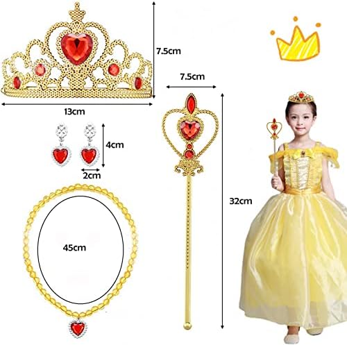 Princess Dress Up Accessories, Gold Royal Crown Queen Tiara Sceptre Necklace and Earrings, Girl's Jewelry Dress Up Play Set, Party Cosplay Dress Costumes Accessories, 4 Pieces