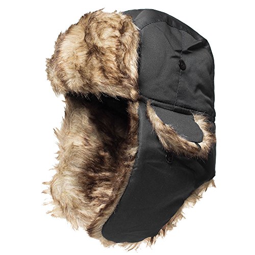 TKAS Cappello da Trapper Invernale Bomber Aviatore Pelliccia Sintetica Ushanka Russo Trooper Neve Calda da Sci Cappello Eschimese on Paraorecchie per Il Freddo (Nero)