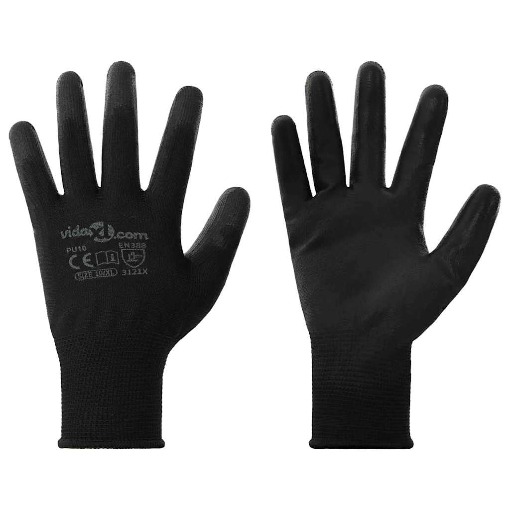Lot de 24 paires de gants de travail en polyester - Noir - Taille 10 XL - Gants de montage avec protection contre les coupures et adhérence - Pour atelier, jardin, chantier, industrie