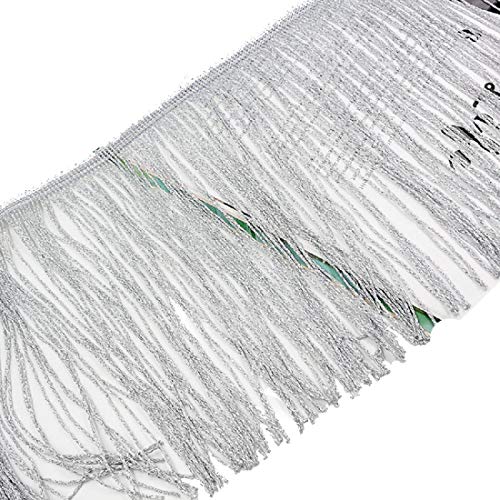 Yalulu 2 metros x 20 cm borla seda flecos de baile con flecos cortados para disfraz, accesorio de costura (plata)