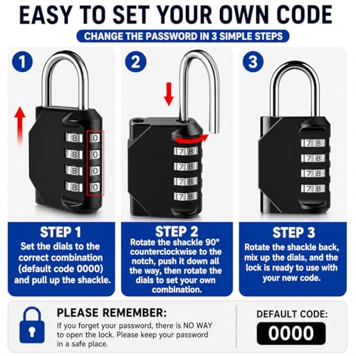 Image of 4 Digit Combination Padlocks, Long Shackle Resettable Security Locks, Weatherproof Zinc Alloy Body, Heavy Duty Lock for School Lockers, Gym Lockers, Gates, Fences, Storage Units & Luggage (3 Pack)
