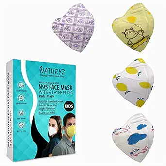 Naturyz N95 NIOSH & ISO Certified Reusable Face Mask With 6 Layer Protection | Nose pin & Adjustable Ear Loops With 95% Filtration for Kids ( Boys & Girls) (Pack of 4), Nonwoven Fabric, Multicolor