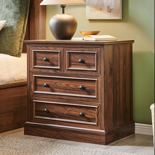 Image of ACCOHOHO Farmhouse Nightstand with 4 Drawers, 26 inch Wide End Table with Storage, Modern Nightstand with Charging Station for Bedroom, Brown