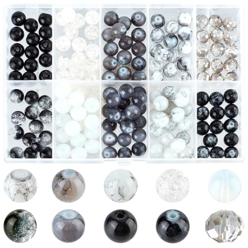 SUNNYCLUE 1 Box 200Pcs 10 Styles 8mm Glass Beads Bulk Black and White Beads Small Round Transparent Crackle Faceted Space for jewellery Making Bracelet Necklace DIY Crafts Gifts Women Adults