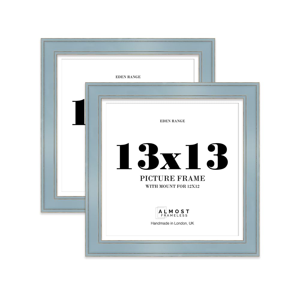 13x13" Cornflower Blue Square Picture Frame with 12x12" Mount - Shabby Chic Photo Frame with Distressed Finish, Gold Trim, Wall Hooks, 37mm Edge - 2 Pack