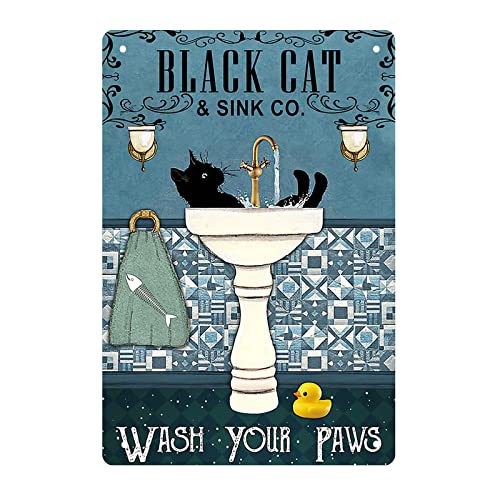 Pro-Noke Vintage Metal Tin Sign - Black Cat 'Wash Your Paw' Decor - 7.9 x 11.8in/20 x 30cm, Wash Basin Cat