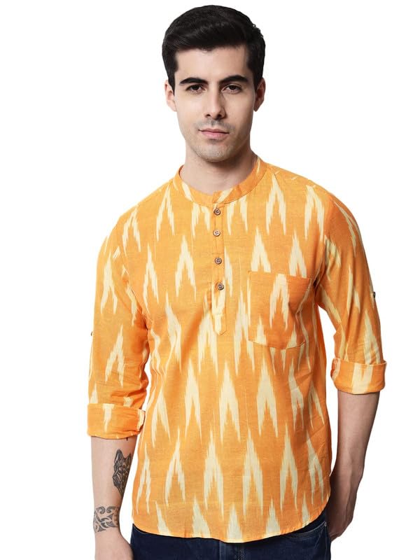Image of Vastraa Fusion Men's Handloom Weaving Pure Cotton Short Kurta, Round Collar, Full Sleeves,Button Kurta, Ethnic Wear