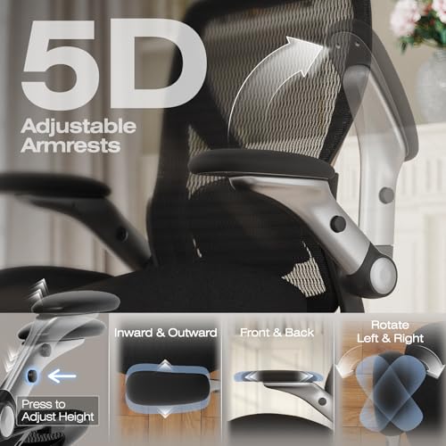 Image of ELABEST X100 Ergonomic Mesh Office Chair, Big and Tall Hone Desk Chair with 5D Flip-Up Arms, Adjustable 3D Lumbar Support,Gaming & Executive Computer Chairs for Long Hours, Padded Seat