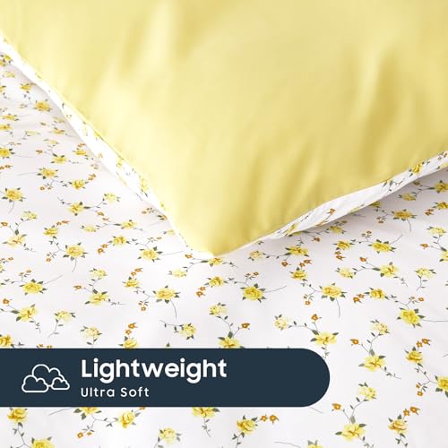 Image of Wake In Cloud - Floral Comforter Set, Coquette Cottagecore Aesthetic Cute Flower Pattern for Women Teen Girls, Soft Lightweight Dorm Bedding, 3 Pieces, Yellow White, Full Size