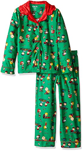 Peanuts Big Girls' 2pc Holiday Sleepwear Coat Set, Green, Medium (7-8)