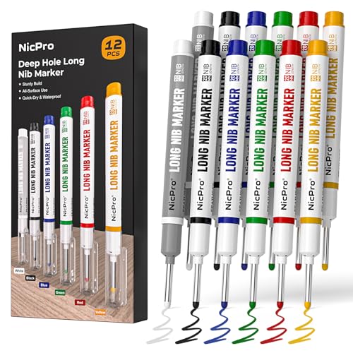 Nicpro 12 pièces marqueurs à pointe longue, pour trous profonds de 20 mm, à séchage rapide et étanches, pour le travail du métal, de l'acier, du...