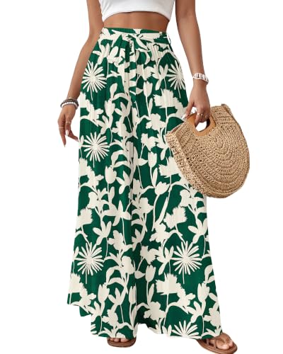 Bsubseach Women Wide Leg Pants Floral Flowy Palazzo Pants Dark Green