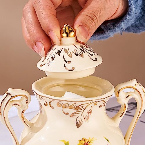 Yolife Ceramic Sugar And Creamer Set, Vintage Ivory Flowering Shrubs Golden Leaves Edge Porcelain Creamer Sugar Bowl With Lid Coffee Server Set Gifts #TOP4