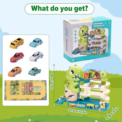 Dinosaurier Auto Garagen Spielset für Kinder 2 IN 1 Rennbahn Spielzeug und Auto Parkhaus für Kinder mit Licht und 6 Autos Geschenke Spielzeug für 2 3 4 5 Jahre