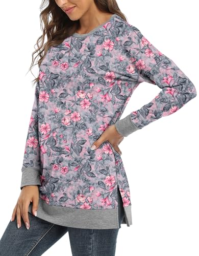 BETTE BOUTIK Women's Drop Long Sleeve Sweatshirts Casual Crewneck Tunic Tops Sweartshirts With Side Slits S-3XL