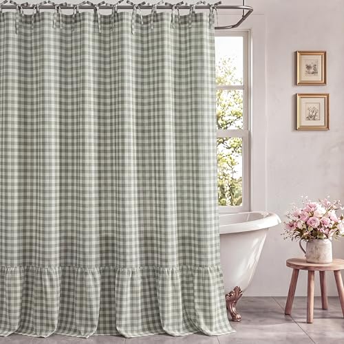 CrystalSylara Farmhouse Sage Green Gingham Shower Curtain with Ruffle Hem Linen Blend Fabric Tie Top Hanging Bathroom Curtain Green Plaid Country Vintage Rustic for Bathroom Home Decor 72 W x 72 L