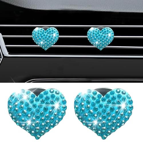 Image of Car Bling Air Vent Clips, 2 Pcs Bling Heart Charm Air Conditioning Outlet Clip, Crystal Rhinestone Accessories, Car Interior Decoration Cute Accessories for Women Girls (Blue, Vanilla)