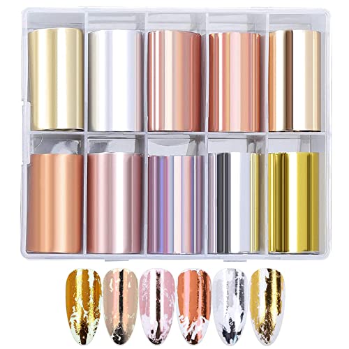 JERCLITY 10 Rolls Holographic Nail Foil Transfer Sticker Kit Metallic Color Nail Foil Sheets Foil Transfer for Nails Foil Nail Art Decals Nail Foil Transfer Stickers Foil Nail Wraps for Foil Nail Art