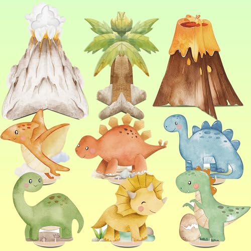KARAQY 9 PCS Watercolor Dinosaur Centerpieces Table Decorations, Dino Birthday Party Supplies for Baby Shower Safari Jungle Theme Decor