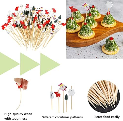 Bekeify Christmas Cocktail Sticks 200Pcs Wooden Cocktail Swizzle Picks 12cm Bamboo Toothpicks Snowflake Fruit Sticks Food Garnish Skewers for Xmas Party Sandwiches Christmas Tree Snowman Decoration