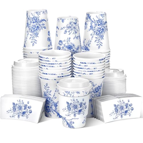 Vesici 60pcs 14oz Blue and White Disposable Coffee Cups with Lids and Sleeves Chinoiserie Toilet Floral Coffee Cup Botanical Herb Paper Cup for Summer Birthday Wedding Bridal Shower Tea Party Supplies