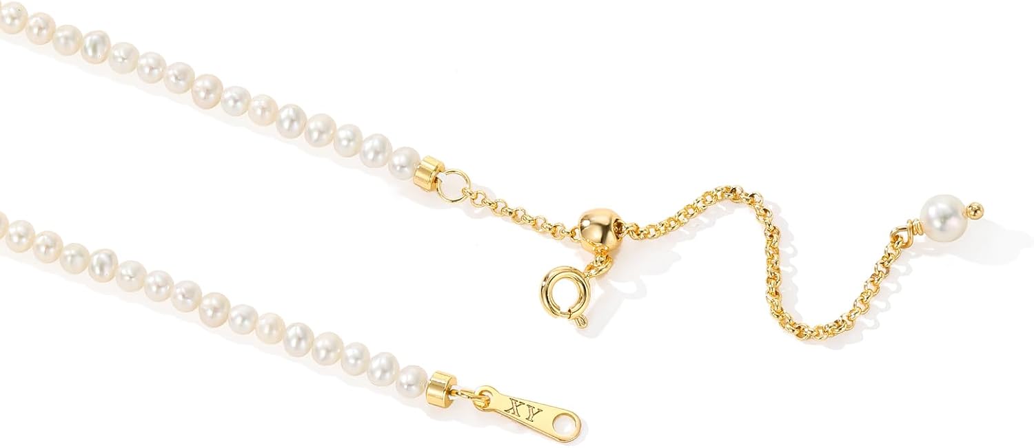 XYJZXY Pearl Choker Necklace for Women - 18K Gold Plated Bridal Jewelry - Dainty White Pearl Strand Necklace 18 Inch Adjustable Wedding Accessories